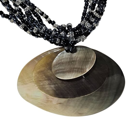 Boho Beach Core Iridescent Shell Pendant Black Seed Beaded Multilayer Necklace - Picture 2 of 6